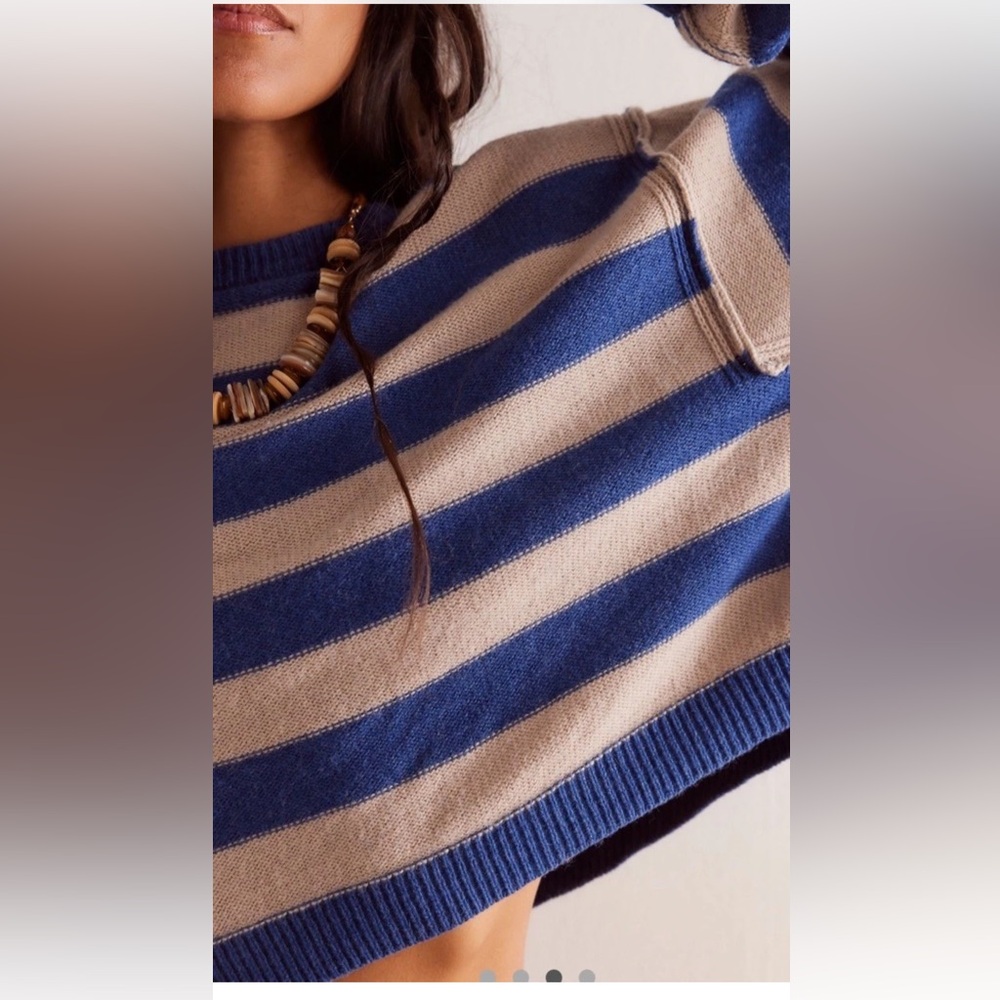 Free People Into The Blue Pullover Cropped We The Free Blue Ivory Combo - Picture 3 of 6